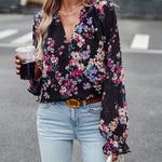 Women's Tops Casual Floral Print V Neck Long Sleeve Shirts Loose Chiffon Blouses Shirts Tops