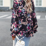 Women's Tops Casual Floral Print V Neck Long Sleeve Shirts Loose Chiffon Blouses Shirts Tops