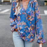Women's Tops Casual Floral Print V Neck Long Sleeve Shirts Loose Chiffon Blouses Shirts Tops