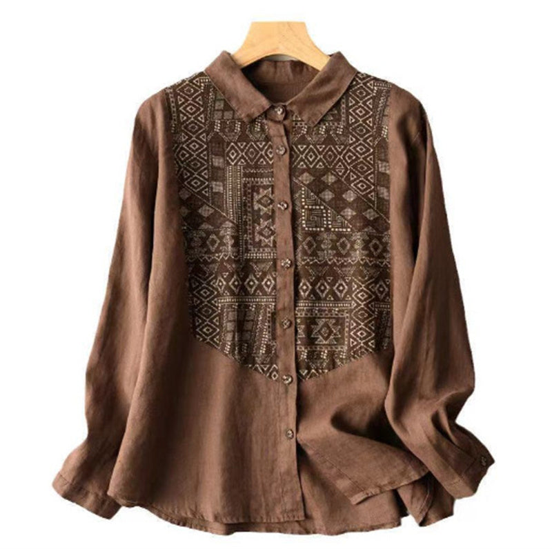 Women's Cotton Linen Shirts Literary Vintage Patch Tops